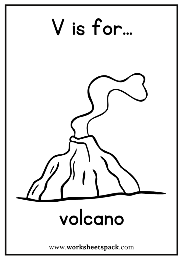 V is for Volcano Coloring Page, Free Volcano Flashcard for Kindergarten