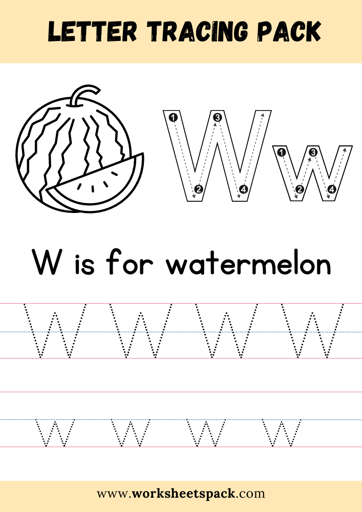 W is for Watermelon Coloring, Free Letter W Tracing Worksheet PDF