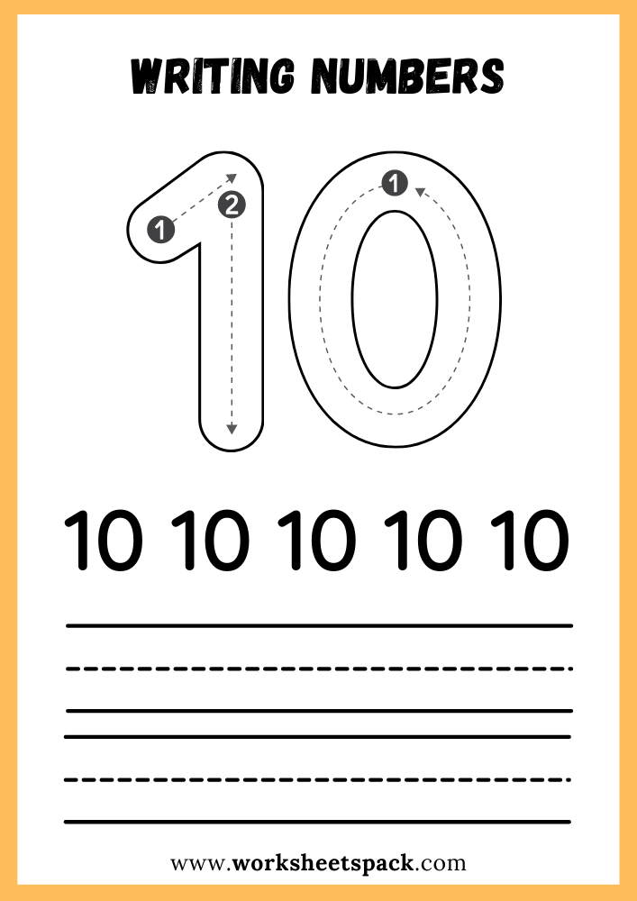 Writing Numbers Worksheet PDF, Write Number 10 Free Printable for Kids.