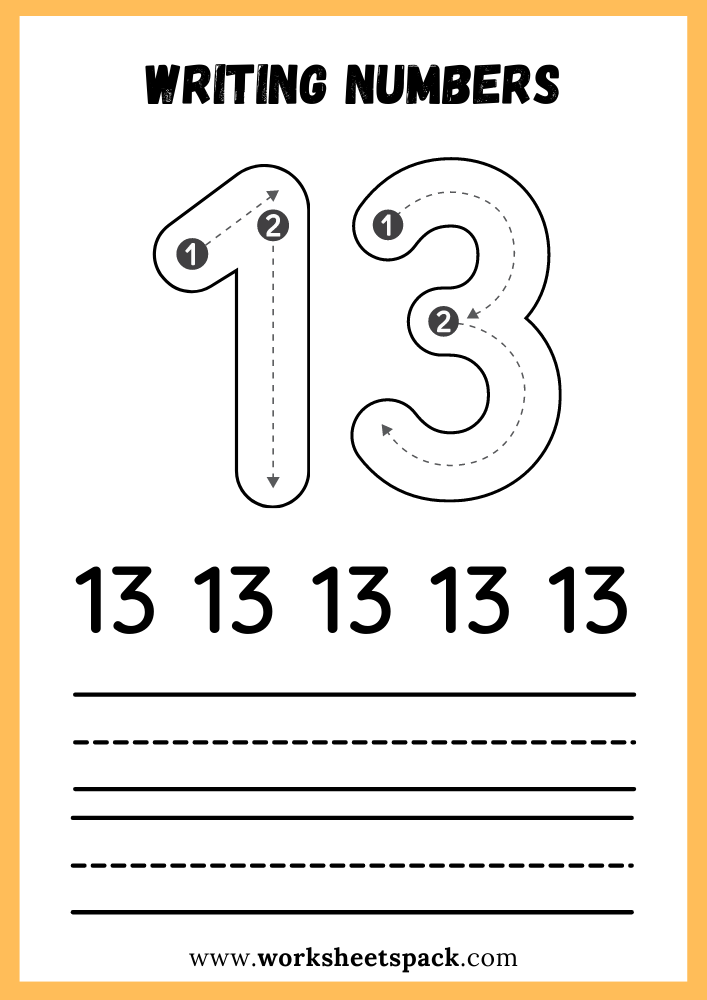 Writing Numbers Worksheet PDF, Write Number 13 Free Printable for Kids