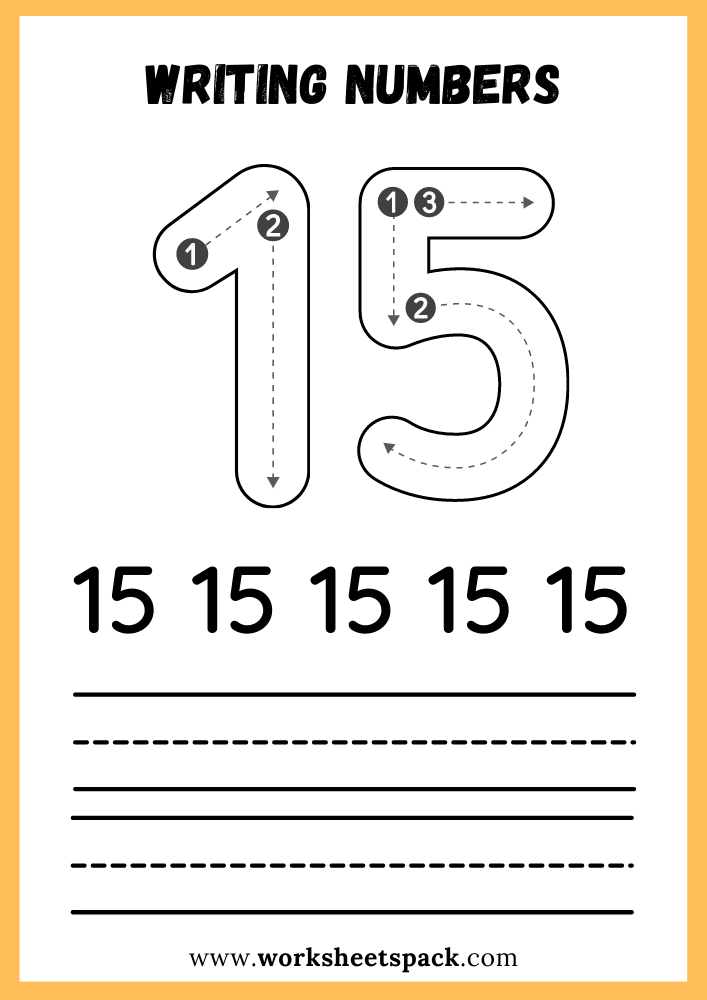 Writing Numbers Worksheet PDF, Write Number 15 Free Printable for Kids