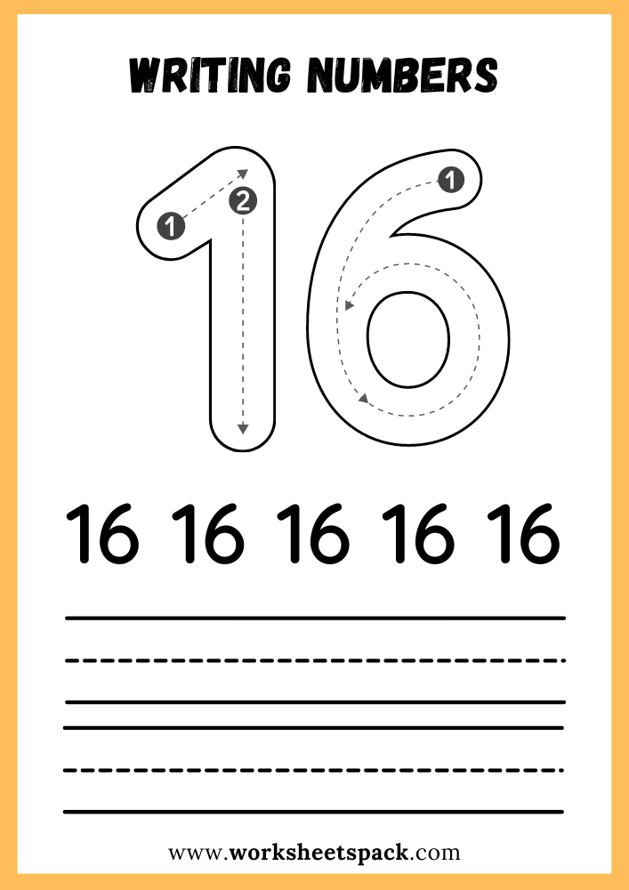 Writing Numbers Worksheet PDF, Write Number 16 Free Printable for Kids