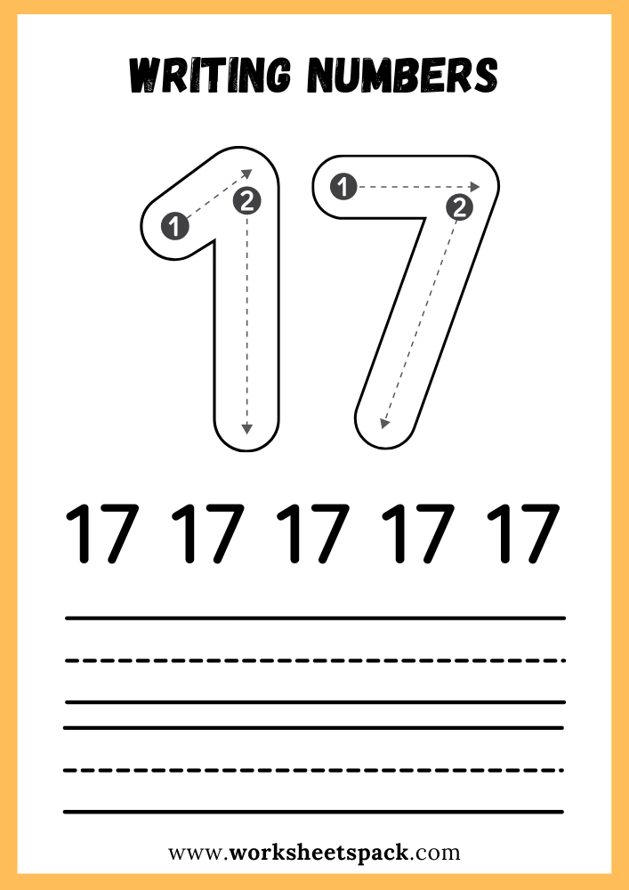 Writing Numbers Worksheet PDF, Write Number 17 Free Printable for Kids
