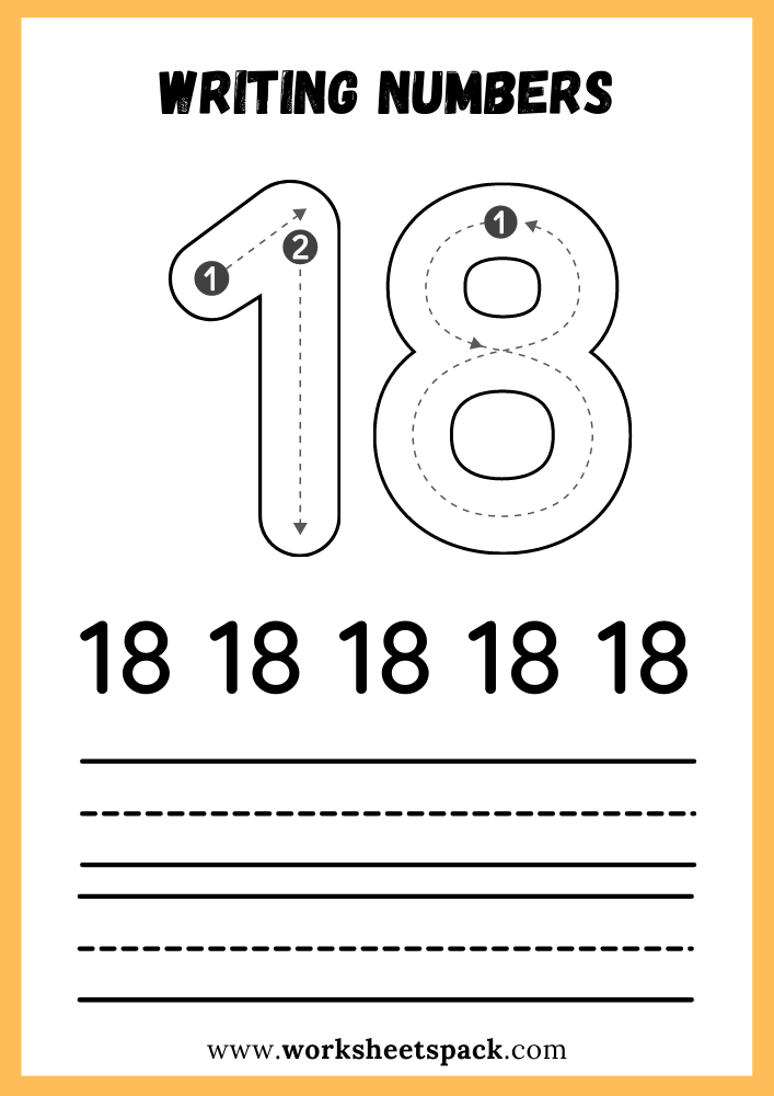 Writing Numbers Worksheet PDF, Write Number 18 Free Printable for Kids