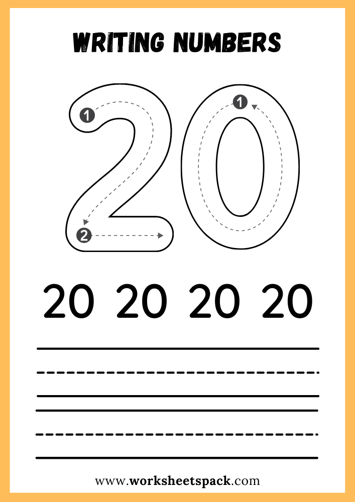 Writing Numbers Worksheet PDF, Write Number 20 Free Printable for Kids
