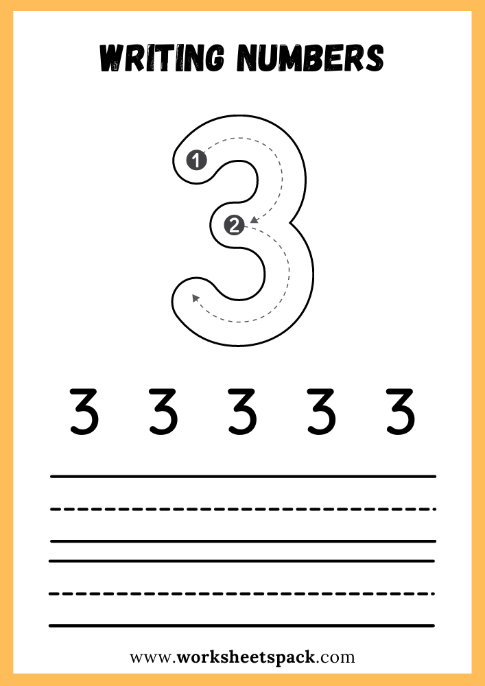 Writing Numbers Worksheet PDF, Write Number 3 Free Printable for Kids