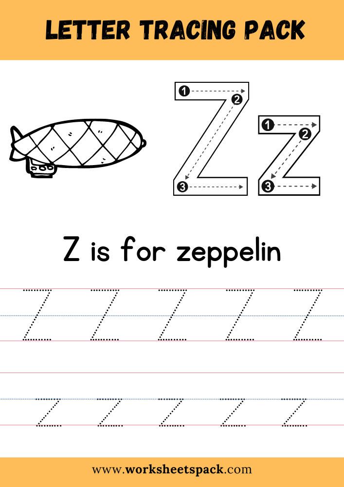 Z is for Zeppelin Coloring, Free Letter Z Tracing Worksheet PDF