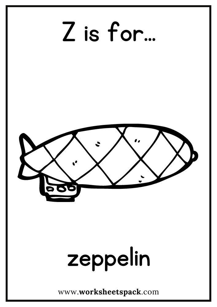 Z is for Zeppelin Coloring Page, Free Zeppelin Flashcard for Kindergarten