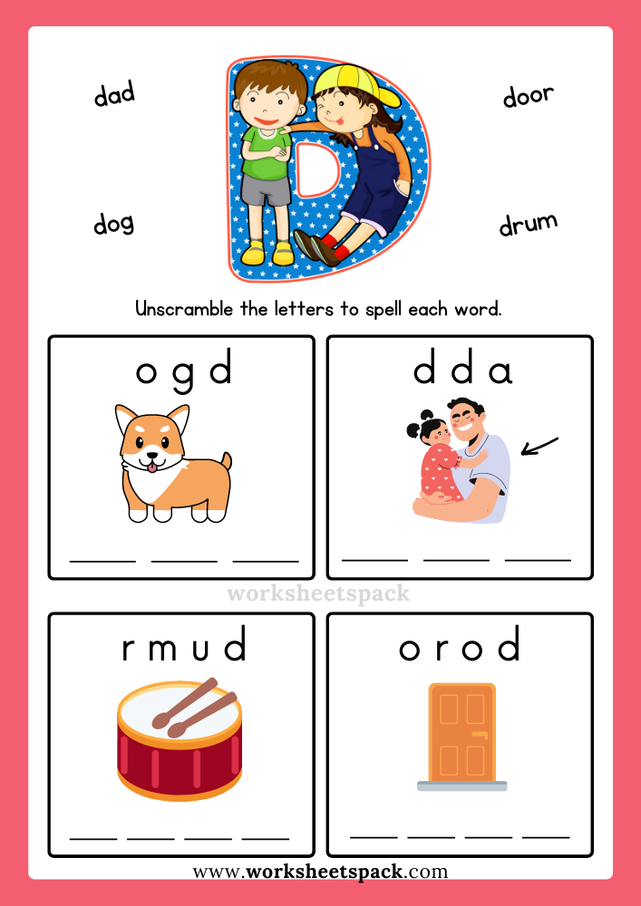Free Alphabet Spelling Worksheet Letter D Words for Kindergarten