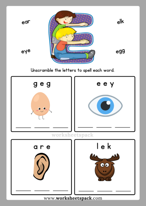 English Alphabet Spelling Letter E Words