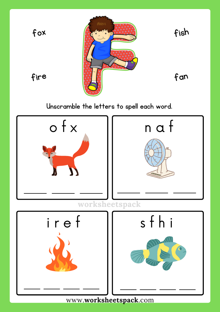 Free Alphabet Spelling Worksheet Letter F Words for Kindergarten