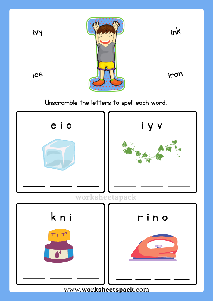 Free Alphabet Spelling Worksheet Letter I Words for Kindergarten.