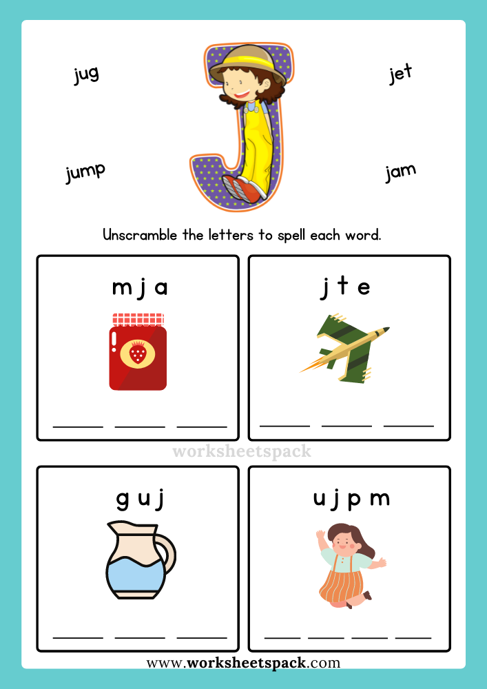 Free Alphabet Spelling Worksheet Letter J Words for Kindergarten