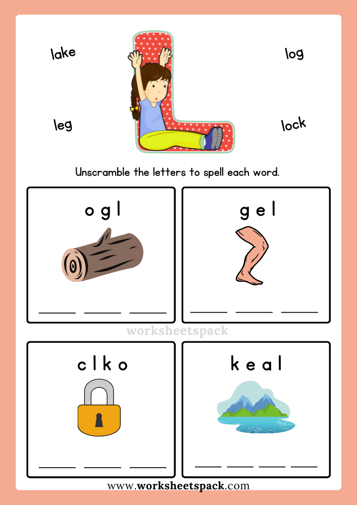 Free Alphabet Spelling Worksheet Letter L Words for Kindergarten