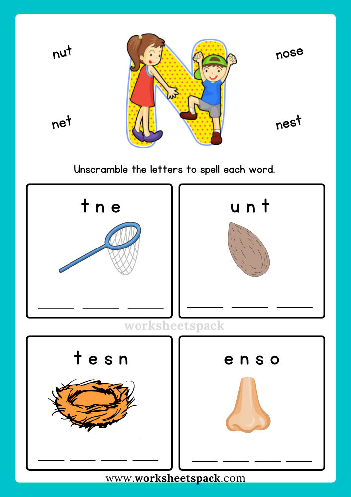 Free Alphabet Spelling Worksheet Letter N Words for Kindergarten