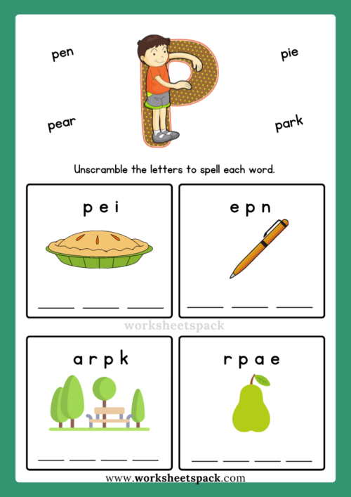 English Alphabet Spelling Letter P Words