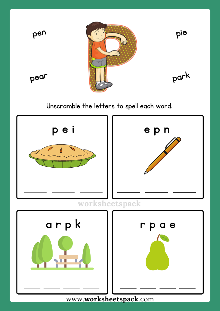 Free Alphabet Spelling Worksheet Letter P Words for Kindergarten