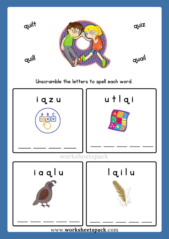 Free Alphabet Spelling Worksheet Letter Q Words for Kindergarten