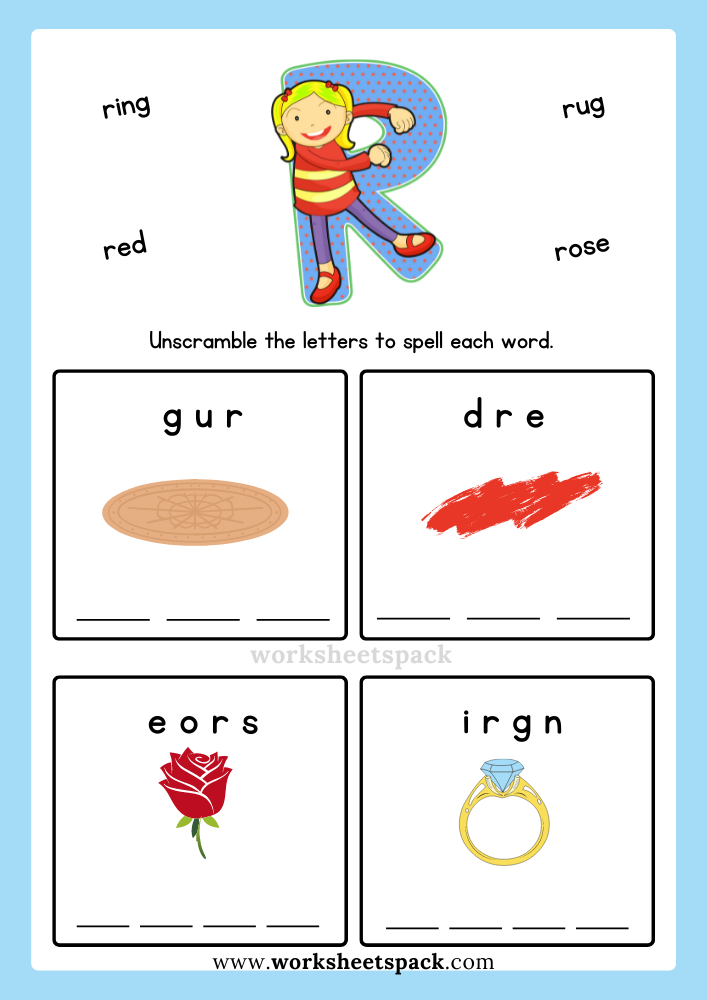 Free Alphabet Spelling Worksheet Letter R Words for Kindergarten.
