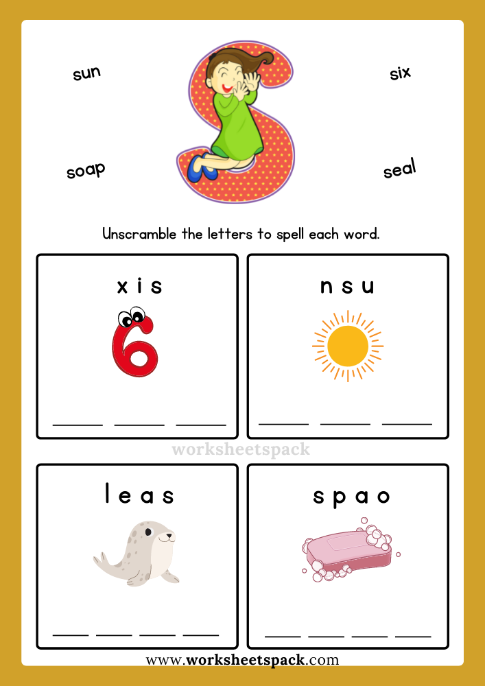 Free Alphabet Spelling Worksheet Letter S Words for Kindergarten