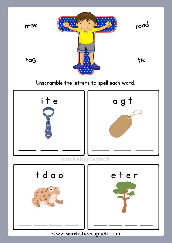 Free Alphabet Spelling Worksheet Letter T Words for Kindergarten