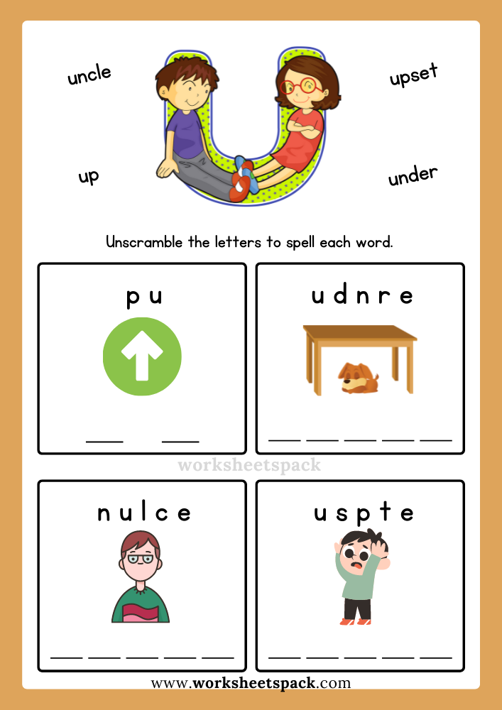 Free Alphabet Spelling Worksheet Letter U Words for Kindergarten