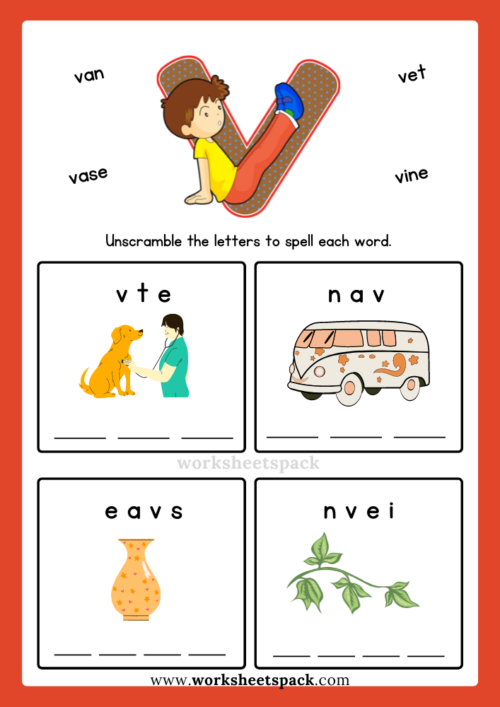 English Alphabet Spelling Letter V Words