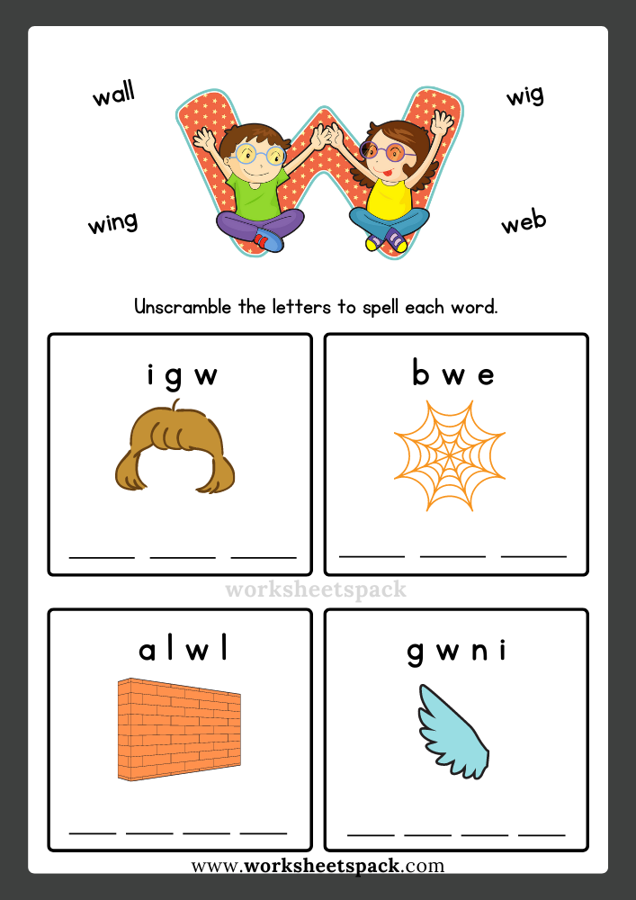 Free Alphabet Spelling Worksheet Letter W Words for Kindergarten