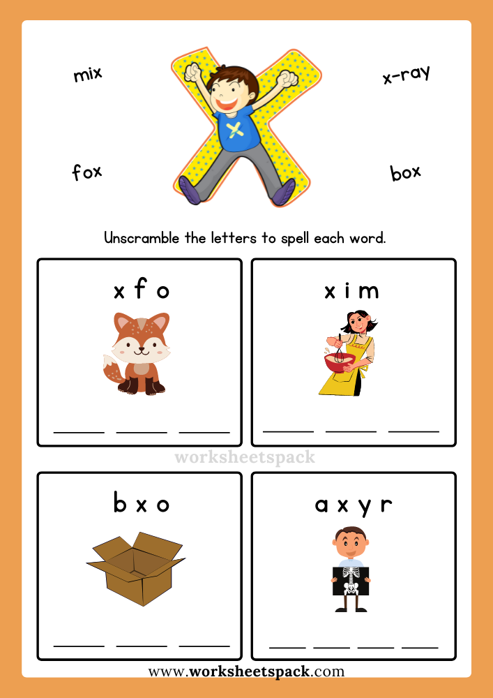Free Alphabet Spelling Worksheet Letter X Words for Kindergarten