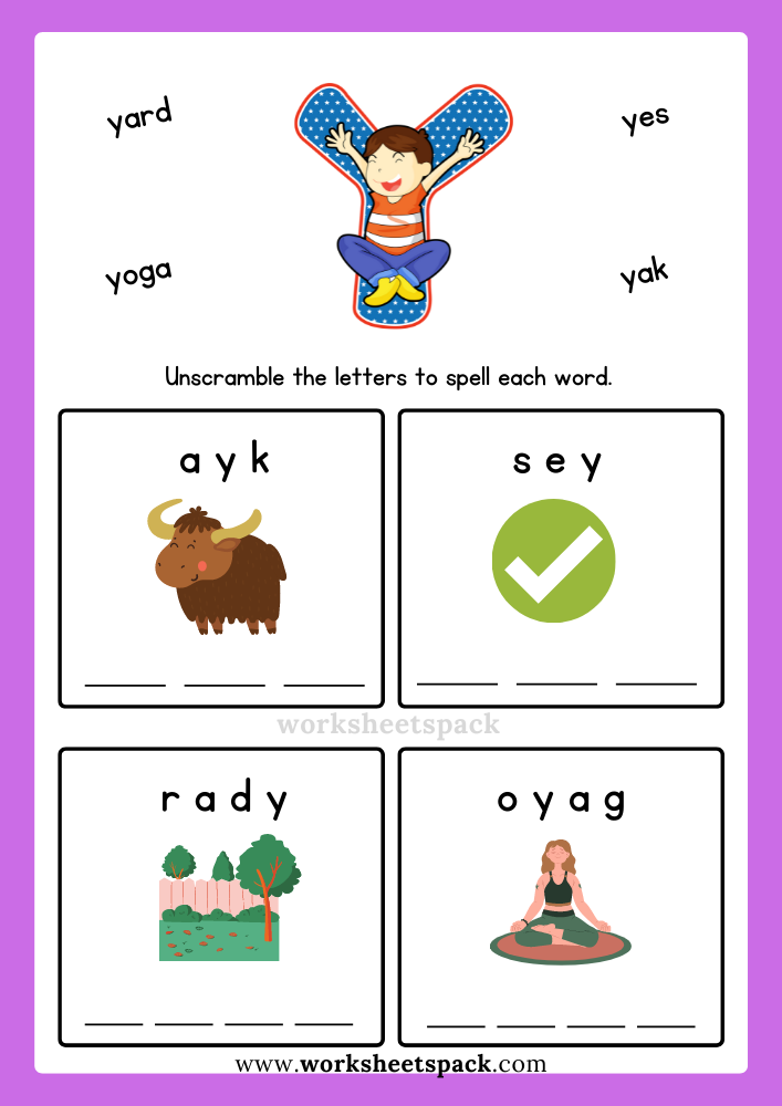 Free Alphabet Spelling Worksheet Letter Y Words for Kindergarten