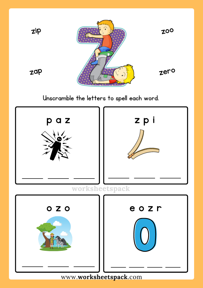 Free Alphabet Spelling Worksheet Letter Z Words for Kindergarten