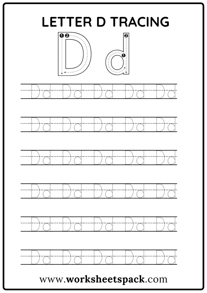 Letter D alphabet tracing worksheets - Free printable PDF