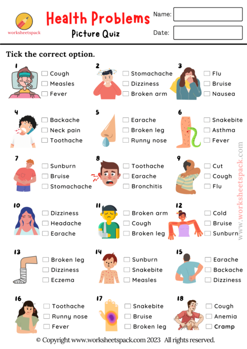 Health Quiz, Printable Health Problems Test - Worksheetspack