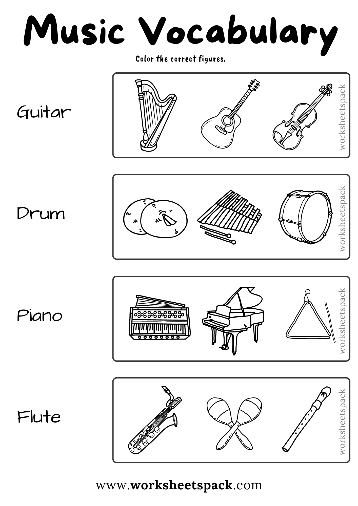 Musical Instruments Coloring Pages Free PDF - worksheetspack