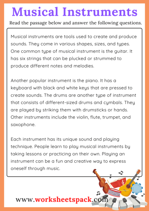 Musical Instruments Reading Comprehension Passages worksheetspack