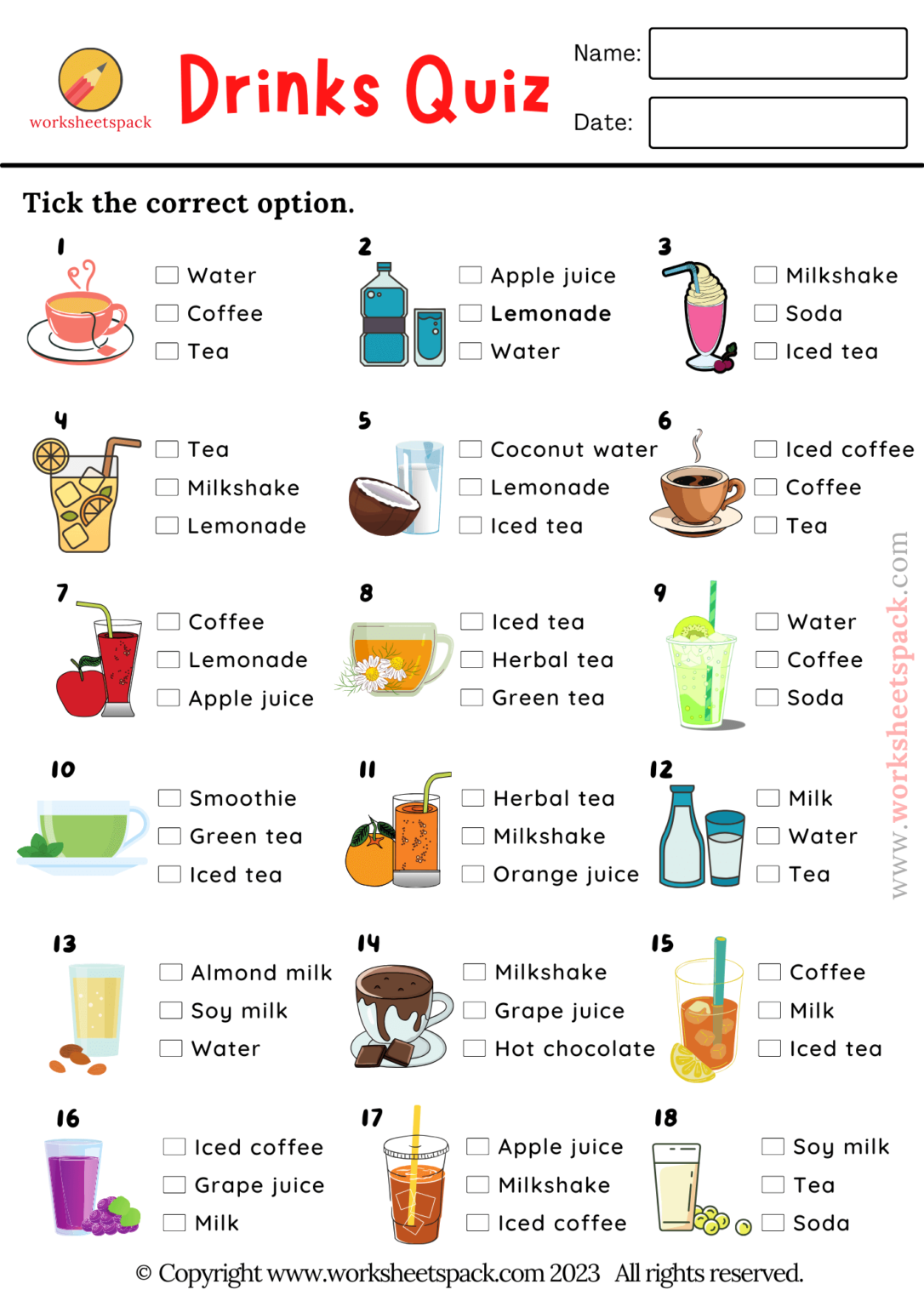 ESL Food And Drinks Picture Quiz Worksheetspack