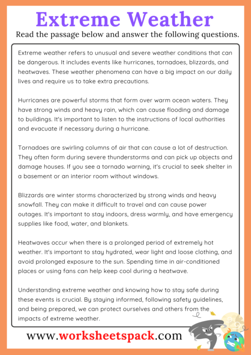 Extreme Weather Reading Comprehension Passage Worksheetspack