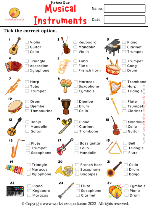 Musical Instruments ESL Images Quiz - worksheetspack