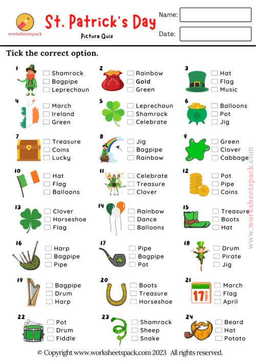 St. Patrick's Day Quiz, Free Printable St. Patrick's Day Picture Test