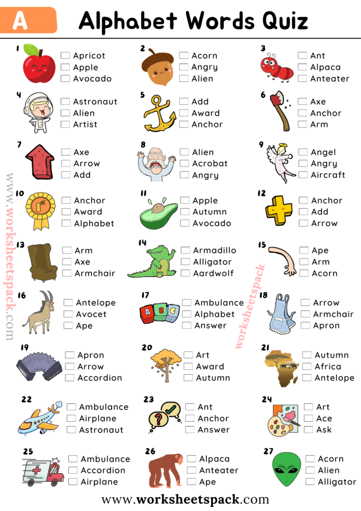 Alphabet Words Picture Quiz