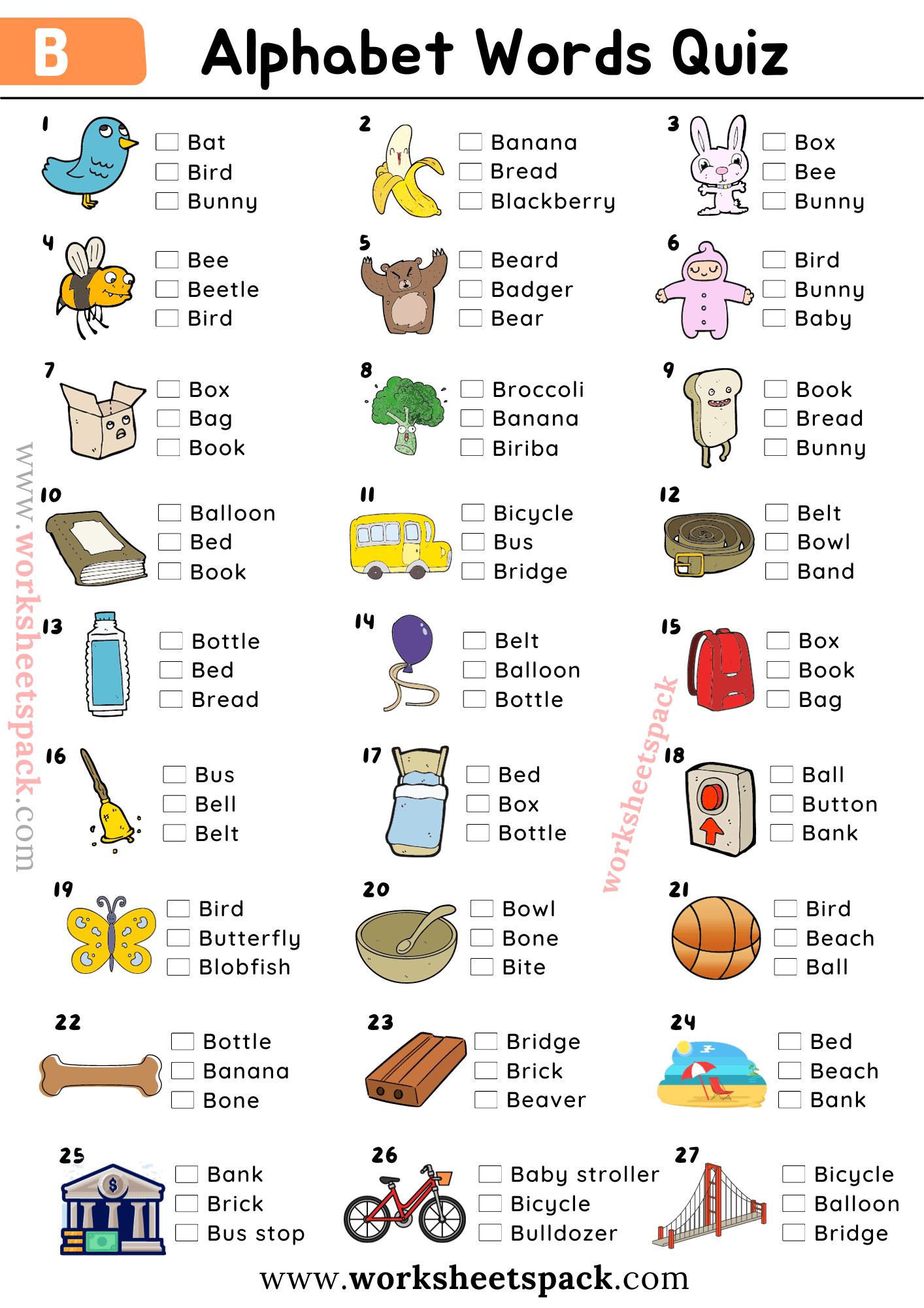 Alphabet Words Picture Quiz - Worksheetspack