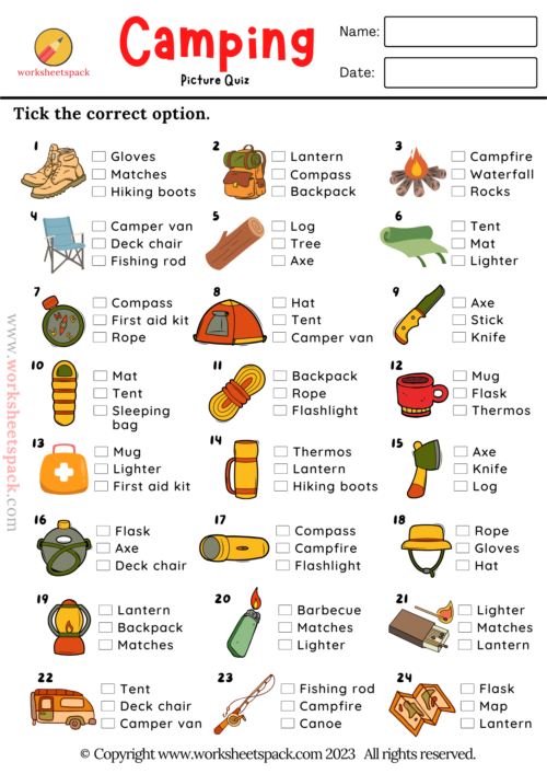 Camping ESL Picture Quiz Free Download - Worksheetspack