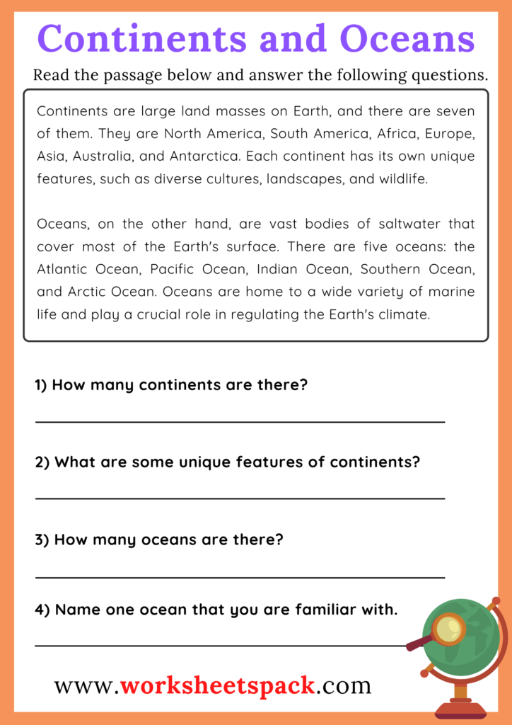 Continents and Oceans Reading Exercise