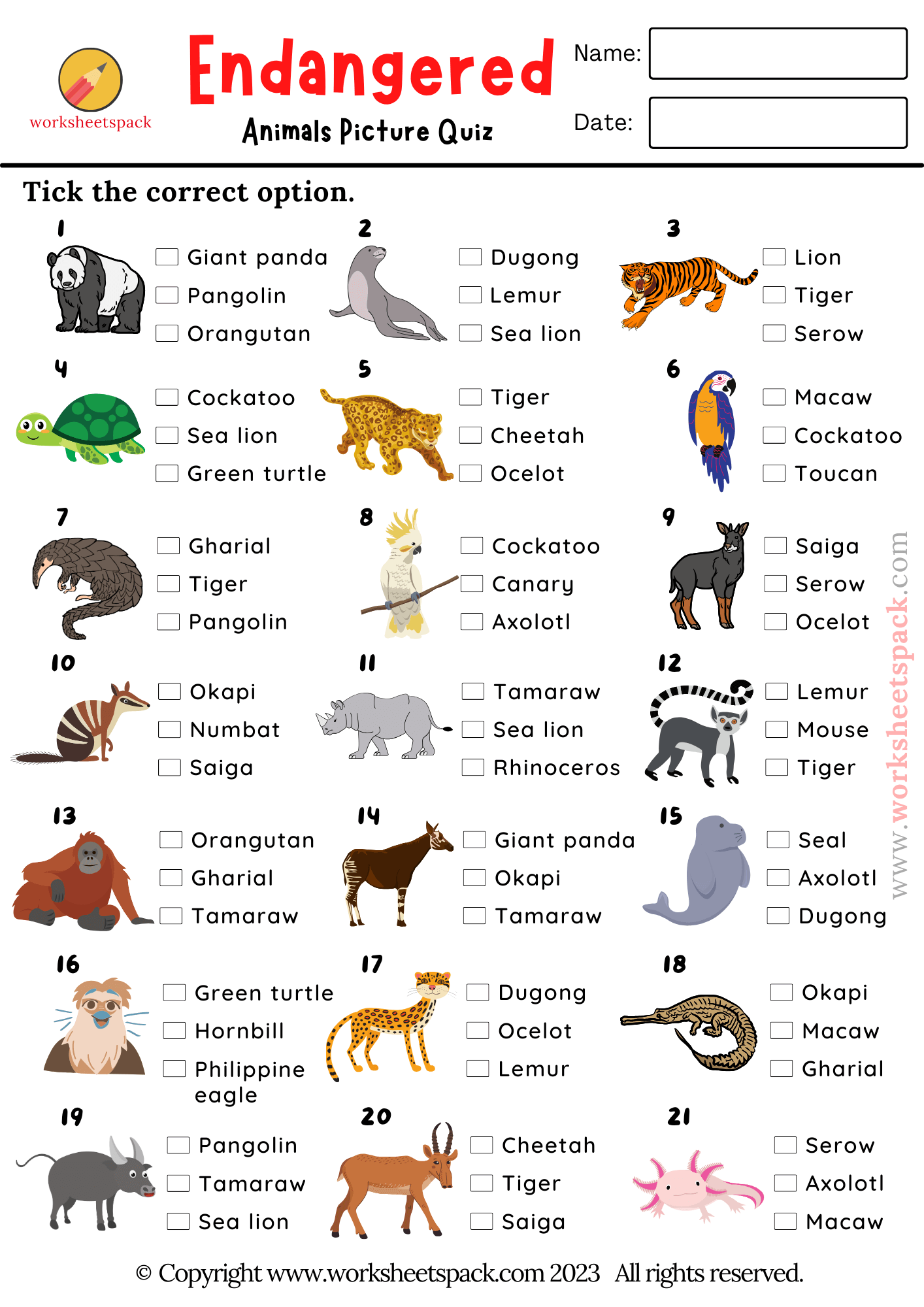 Animal Quiz, Free Printable Animal Picture Test worksheetspack