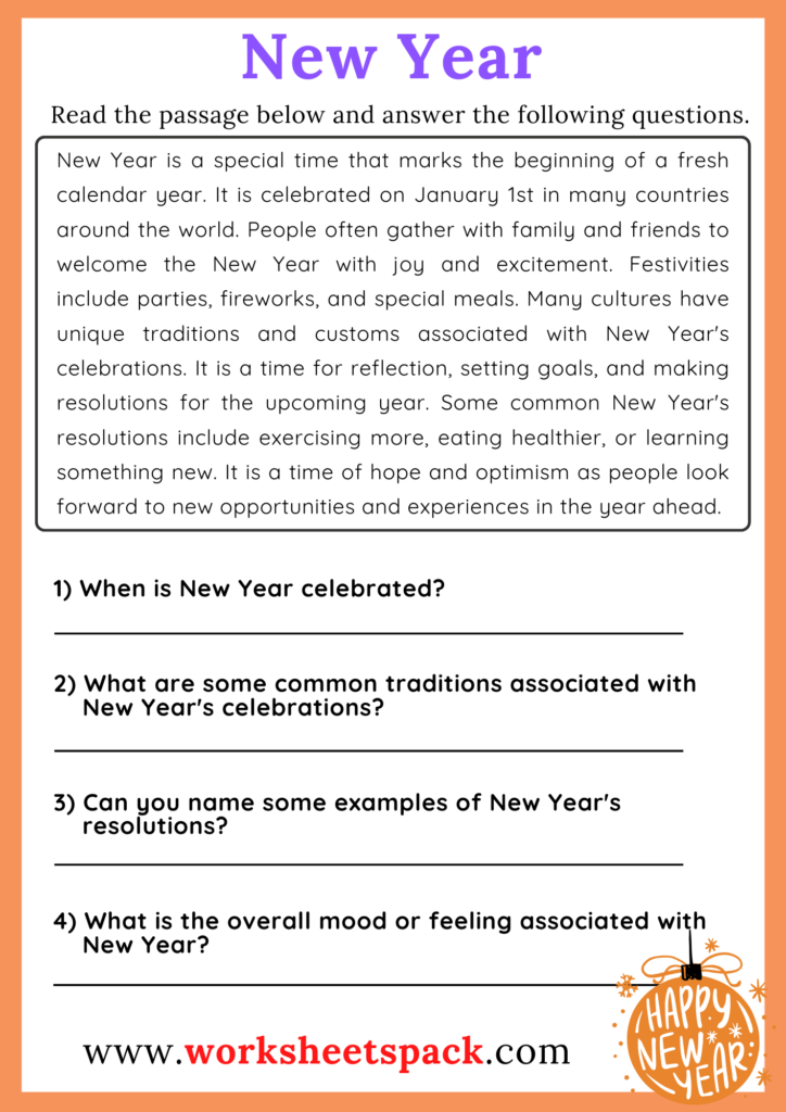 New Year Reading Comprehension Worksheet