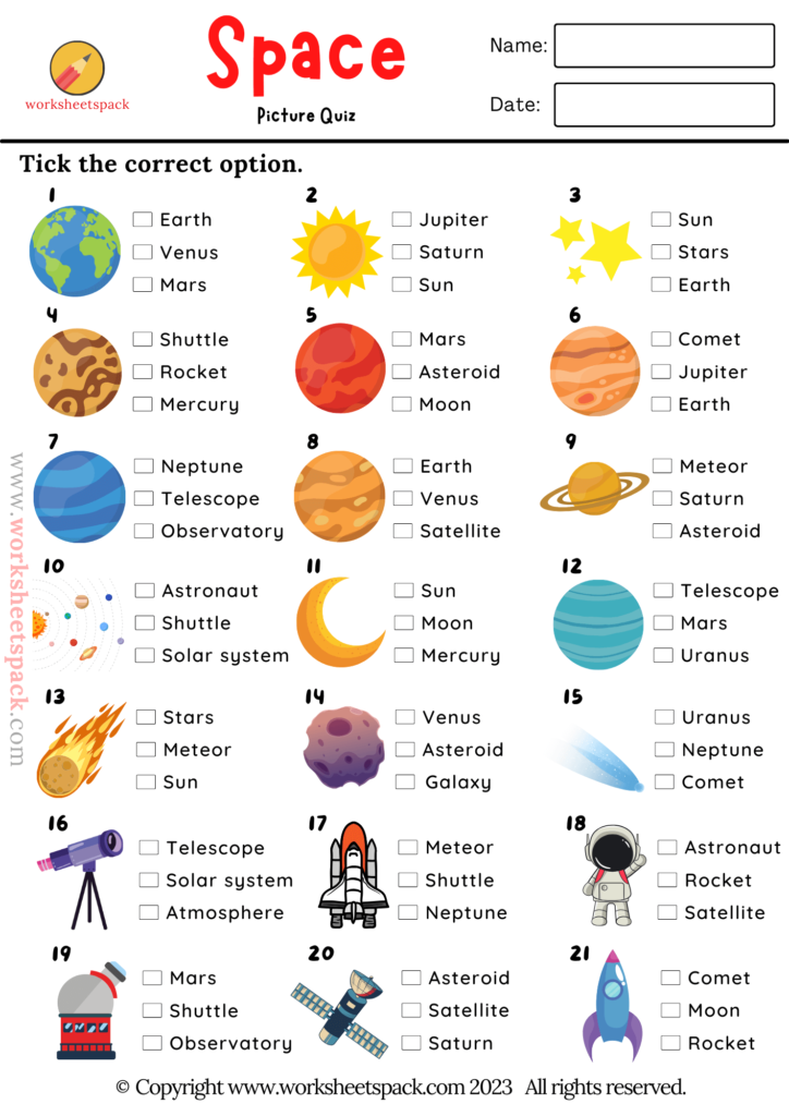 Solar System and Space Words Picture Quiz