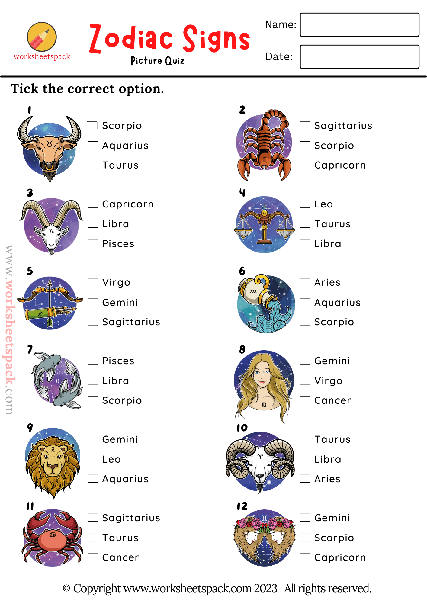 Zodiac Signs Picture Quiz worksheetspack